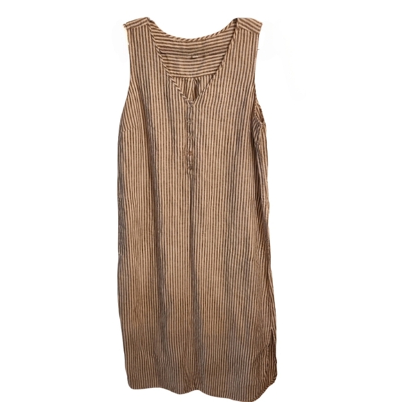 J Jill  100% Linem Dress Striped Grey and Off White Sleeveless Midi Size Large - Picture 1 of 9